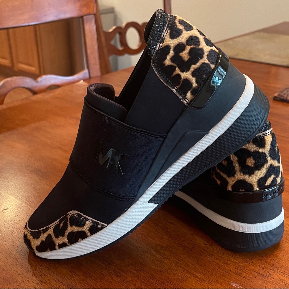 Michael Michael Kors Womens Felix Trainer Low Top Slip On, Black/Leopard